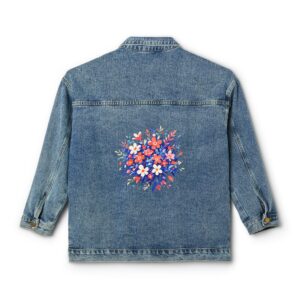 Denim jacket with a colorful geometric floral bouquet design on the back