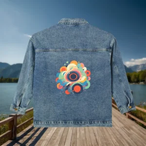 Denim jacket featuring an abstract, colorful concentric circles print on the back