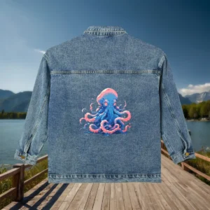 Flat view of a denim jacket with a blue and pink kraken graphic on the back.