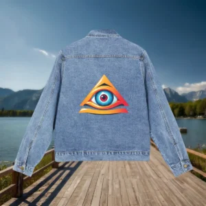 Flat view of denim jacket with an all-seeing eye graphic inside a triangle printed on the back, displayed outdoors.