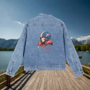 Flat view of a denim jacket with a red and blue American football player design printed on the back, displayed on a dock near a lake.