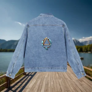 Flat view of a denim jacket with a golden triangle rune surrounded by turquoise stones on the back, displayed on a wooden dock near water.