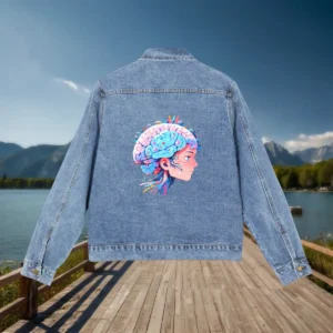 Flat view of a denim jacket with an abstract human head and brain graphic in neon colors on the back.