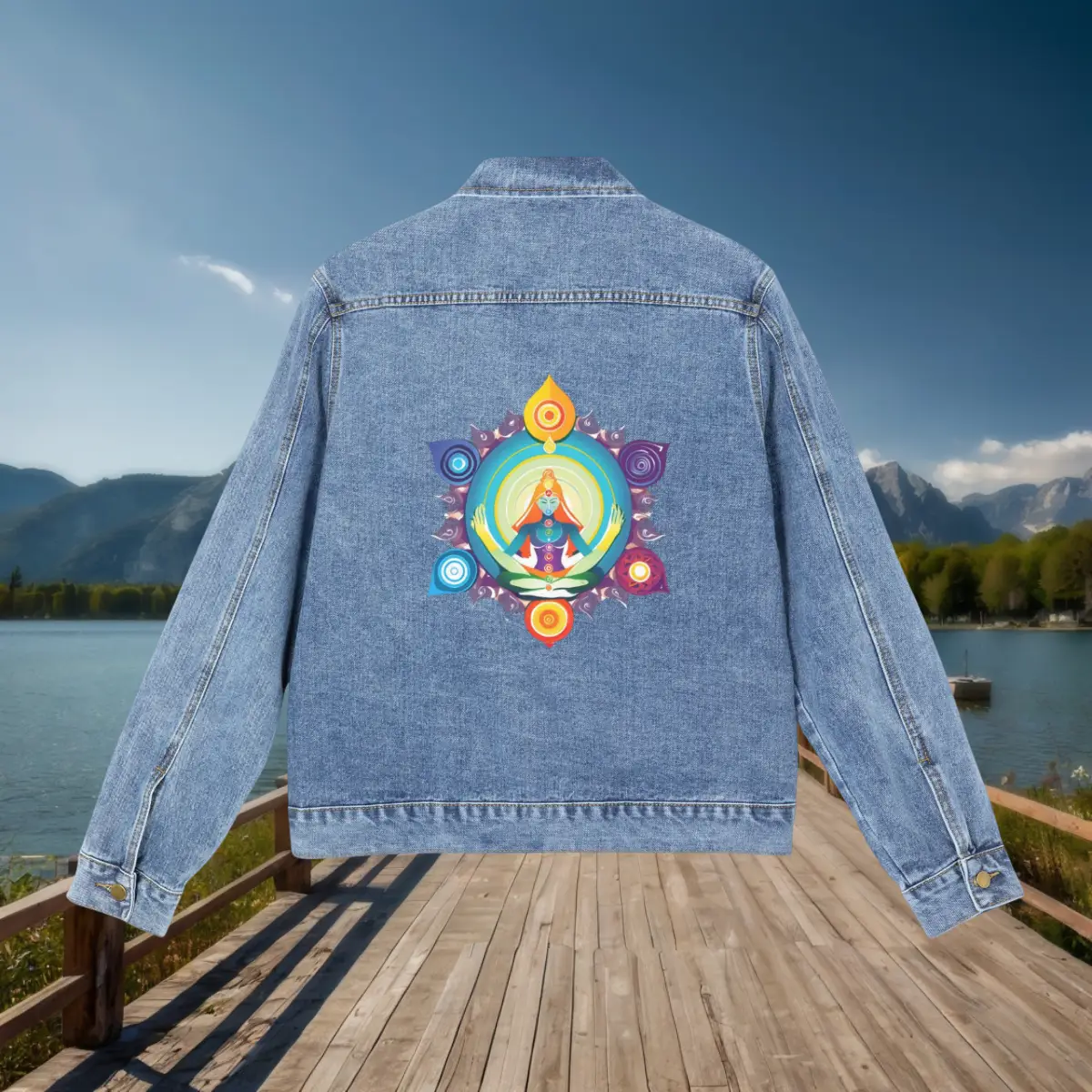 Flat View of Men’s Denim Jacket – Chakra Meditation Graphic Flat view of a denim jacket with a colorful spiritual chakra figure graphic centered on the back.