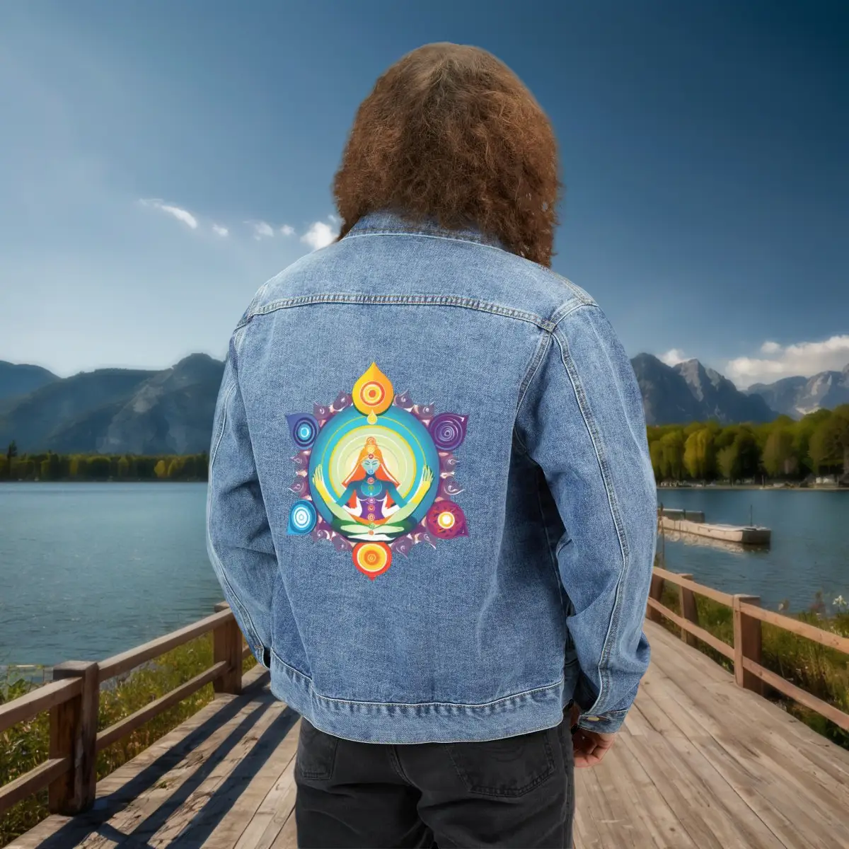 Men’s Denim Jacket with Chakra and Meditation Artwork – Modeled Outdoors Man wearing a denim jacket with a colorful chakra meditation design on the back, standing on a wooden dock by a lake with mountains in the background.