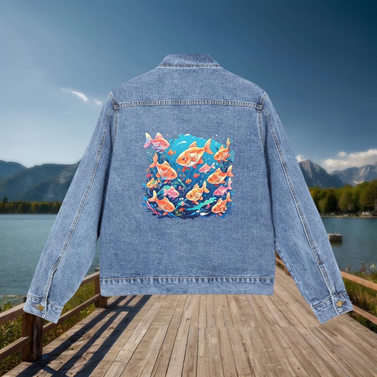Men’s Denim Jacket with Colorful Fish Design – Flat Back View Back view of a denim jacket with a colorful underwater fish illustration