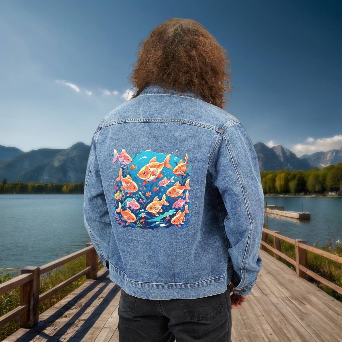 Fish Print Denim Jacket – Back View Worn by Model Man wearing a denim jacket with a bright fish-themed illustration on the back