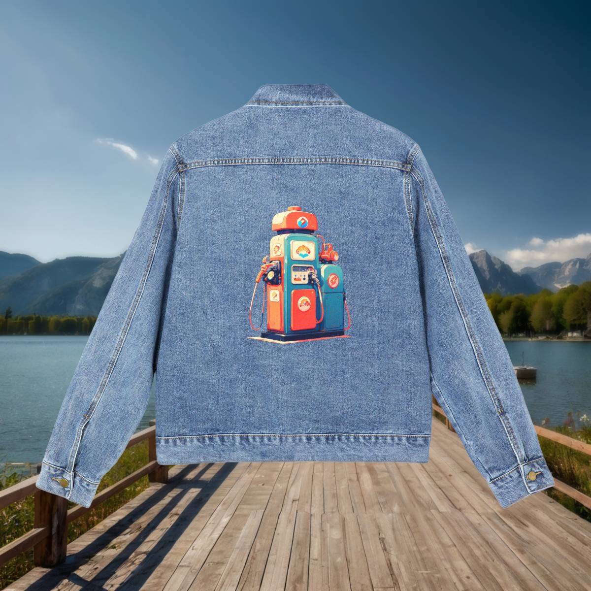 Men’s Denim Jacket with Retro Gas Pump Illustration – Back Flat View Back view of a denim jacket with a colorful retro gas station pump design