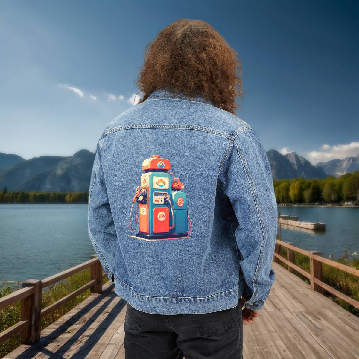 Retro Gas Pump Denim Jacket – Back View Worn by Model Man wearing a denim jacket with a vintage gas station pump print on the back