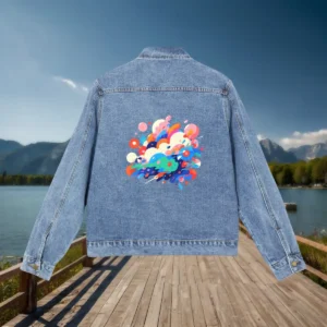 Flat display of a denim jacket with a multicolored geometric shape design on the back, photographed outdoors with a lake and mountain view.