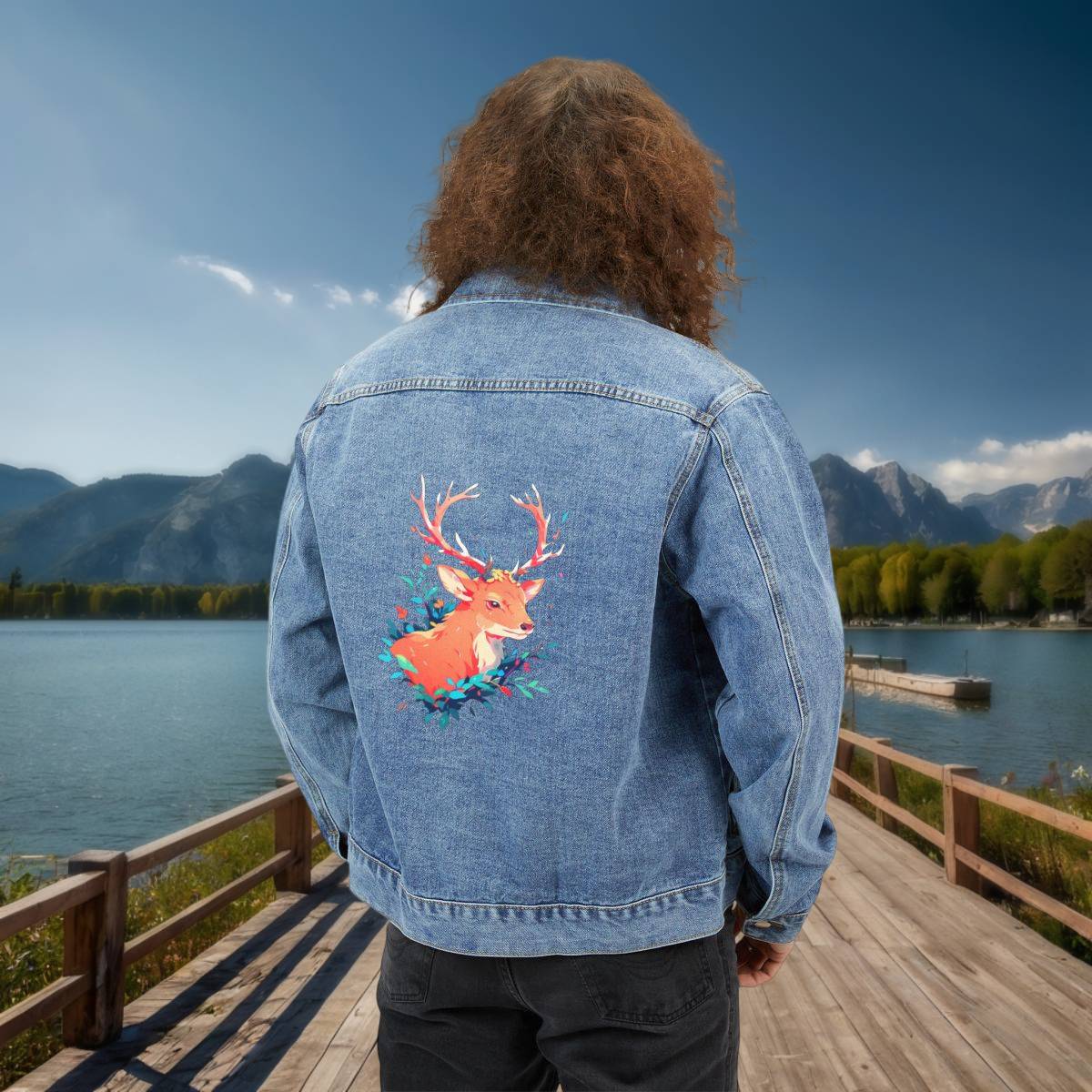 Men’s Denim Jacket with Stag Illustration – Back View Man wearing a denim jacket with a colorful illustration of a stag on the back, standing on a wooden dock with a lake and mountain background.