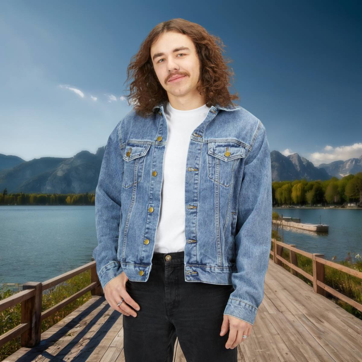 Men’s Denim Jacket – Front View Man wearing a plain front denim jacket with black jeans and a white t-shirt, standing outdoors on a dock with a lake and mountain view.