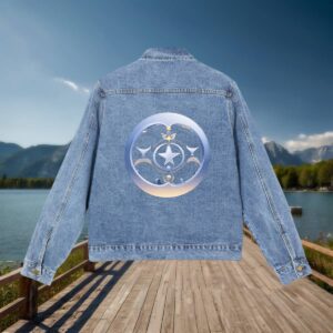 Flat-lay of a denim jacket with a glowing Triple Moon Goddess symbol on the back, set against a dock with a lake and mountains.