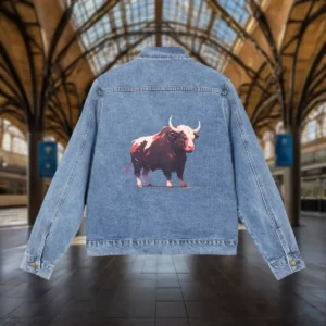 Men’s denim jacket featuring a bold illustration of a bull on the back, displayed in a grand architectural indoor setting with high ceilings and large windows.