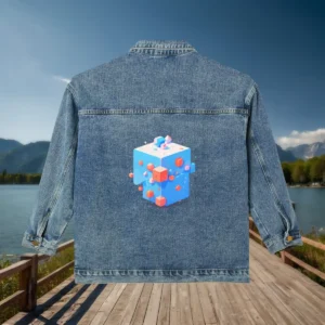 Back of blue denim jacket with geometric 3D cube design