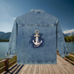 Back of denim jacket with large nautical anchor design
