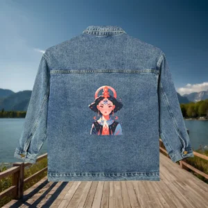 Back of denim jacket featuring mystical woman with ankh-inspired headdress