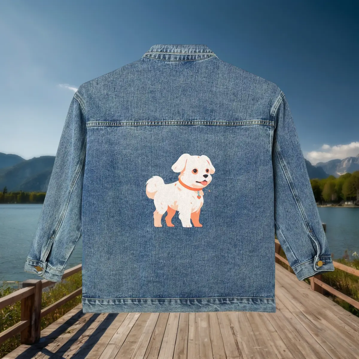Women’s Denim Jacket – Cute Dog Design Denim jacket with an illustration of a cute white dog wearing a collar
