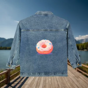 Denim jacket with a colorful doughnut illustration on the back