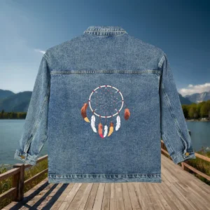 Back of a denim jacket featuring a detailed dreamcatcher illustration with feathers