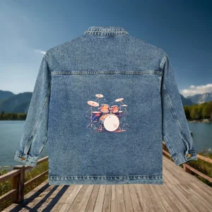 Back of a denim jacket with an illustrated drum kit in orange and blue tones