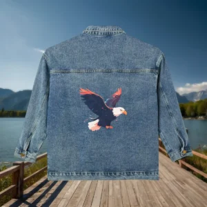 Back of a denim jacket featuring a bold flying eagle illustration