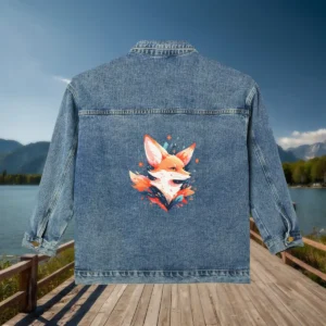 Back of a denim jacket with a stylized orange fox illustration