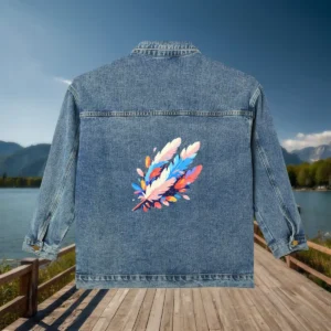 Back view of denim jacket with multicolored feather illustration
