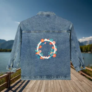 Back view of denim jacket with a geometric floral circle design