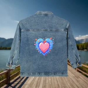Back view of denim jacket with abstract pink and blue heart print