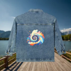 Back view of denim jacket with vibrant abstract spiral pattern