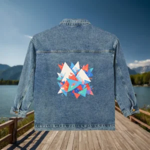 Back view of denim jacket with colorful interlocking triangle graphic