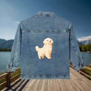 Back view of denim jacket featuring a cute cartoon Golden Retriever