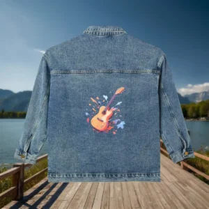 Back view of denim jacket with orange guitar and color splash design