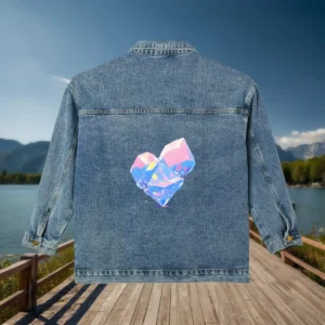 Denim jacket with a vibrant holographic diamond heart print on the back