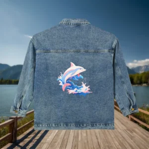 Back of a denim jacket featuring a leaping dolphin with blue and pink splashes