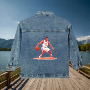 Back of denim jacket with illustrated basketball player graphic