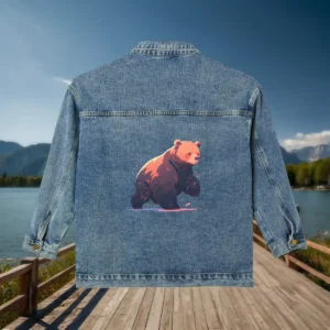 Denim jacket with colorful bear illustration on the back