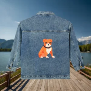 Denim jacket with cute illustrated boxer dog printed on the back