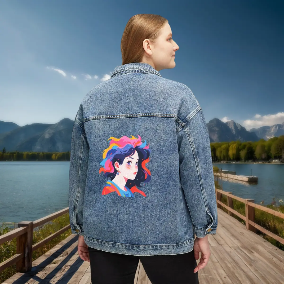 Women’s Denim Jacket with Comic Strip Illustration – Back View Woman wearing denim jacket with colorful comic-style woman illustration on the back