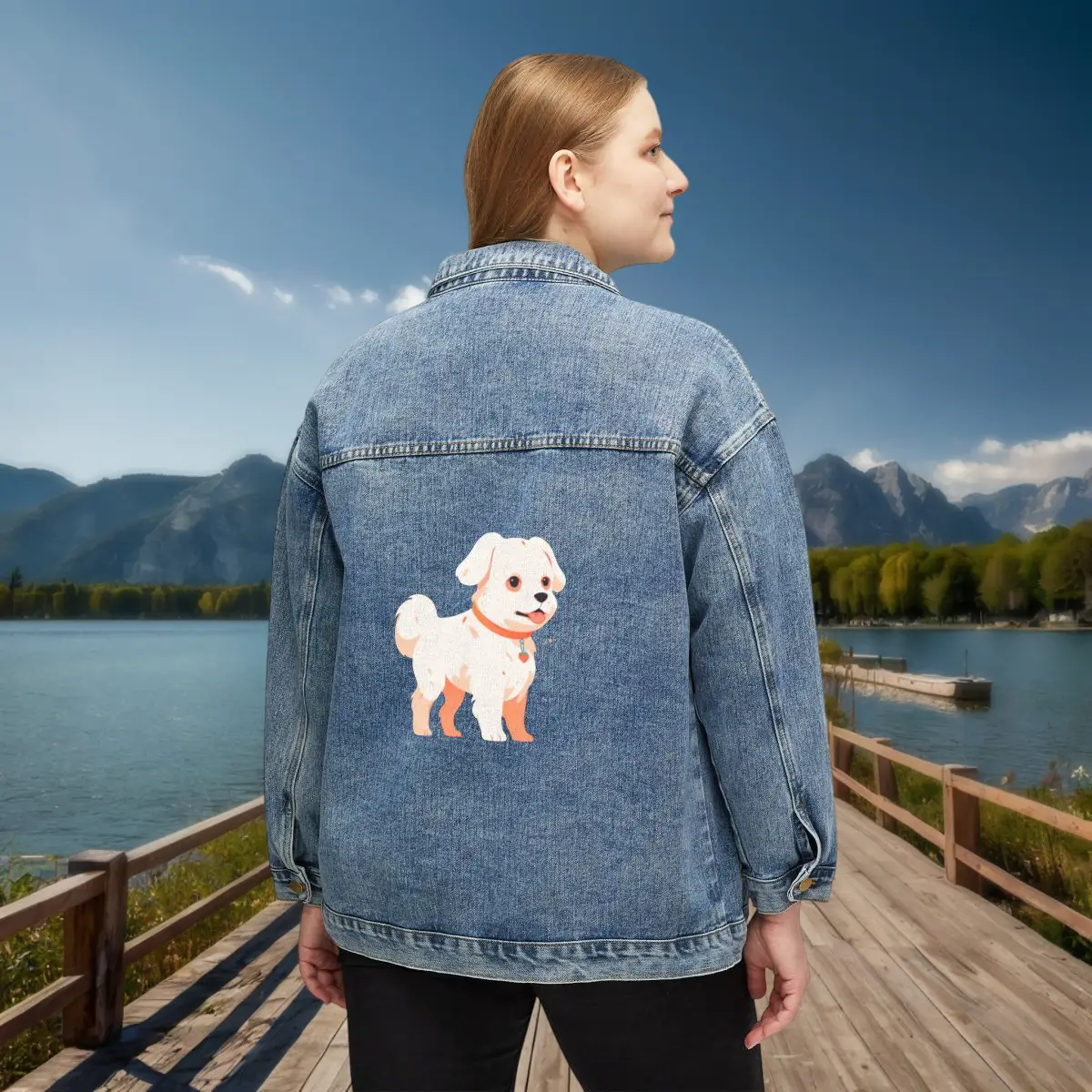 Women’s Denim Jacket with Dog Illustration – Back View Woman wearing a denim jacket with a cartoon-style dog print on the back