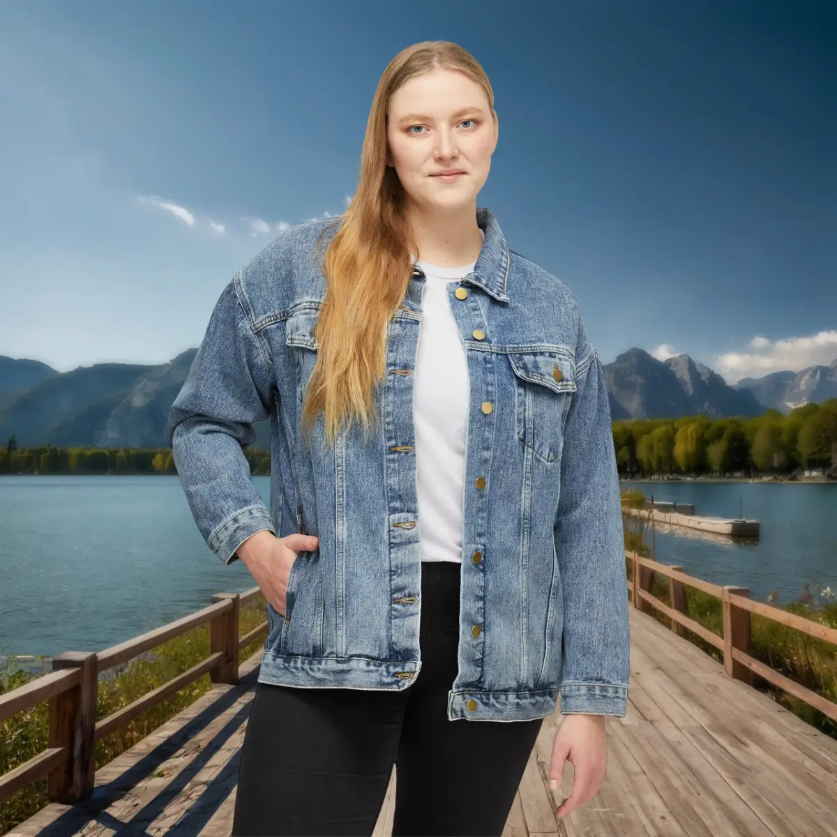 Women’s Classic Denim Jacket – Geometric Flowers Front View Woman wearing a classic denim jacket with colorful geometric floral artwork on the back