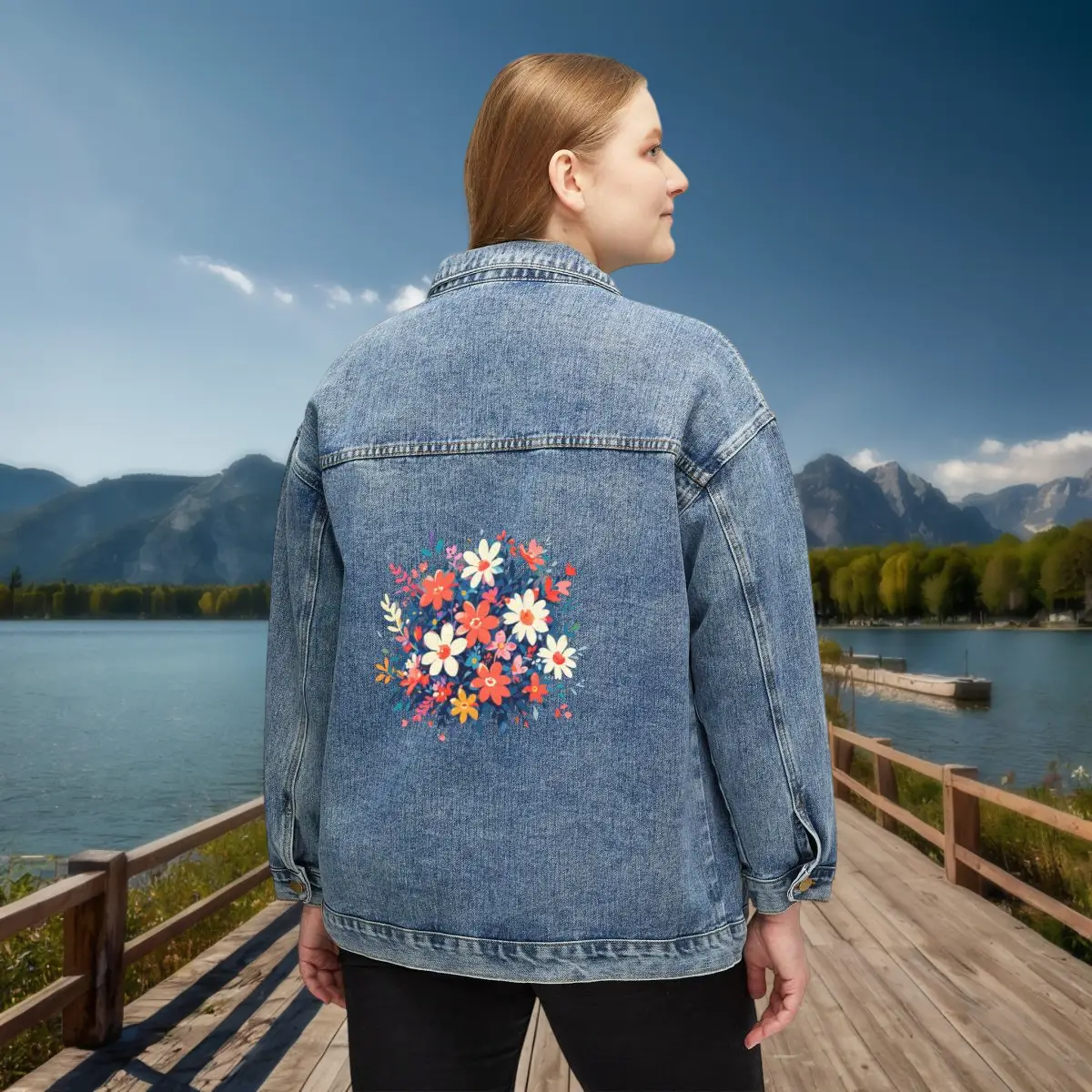 Women’s Denim Jacket with Colorful Floral Geometric Design – Back View Woman wearing a denim jacket with vibrant geometric flower bouquet print on the back