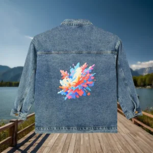 Flat view of a denim jacket with vibrant multicolored kaleidoscopic splash design on the back.