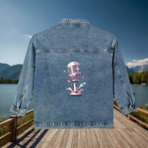 Flat view of a denim jacket with a stylized vintage microphone design on the back, surrounded by colorful accents.