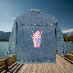 Flat view of a denim jacket with a colorful milkshake design on the back.