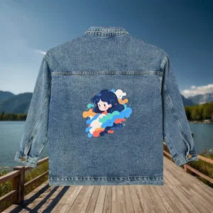 Flat view of a denim jacket with a vibrant illustrated girl’s face and colorful clouds on the back.
