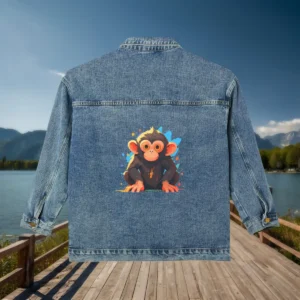 Flat view of a denim jacket with a full illustrated monkey sitting with colorful splashes around.