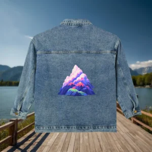 Flat view of a denim jacket with a multicolored mountain peak illustration on the back.