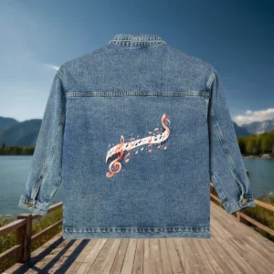 Flat view of a denim jacket with a music staff and orange musical notes printed on the back.
